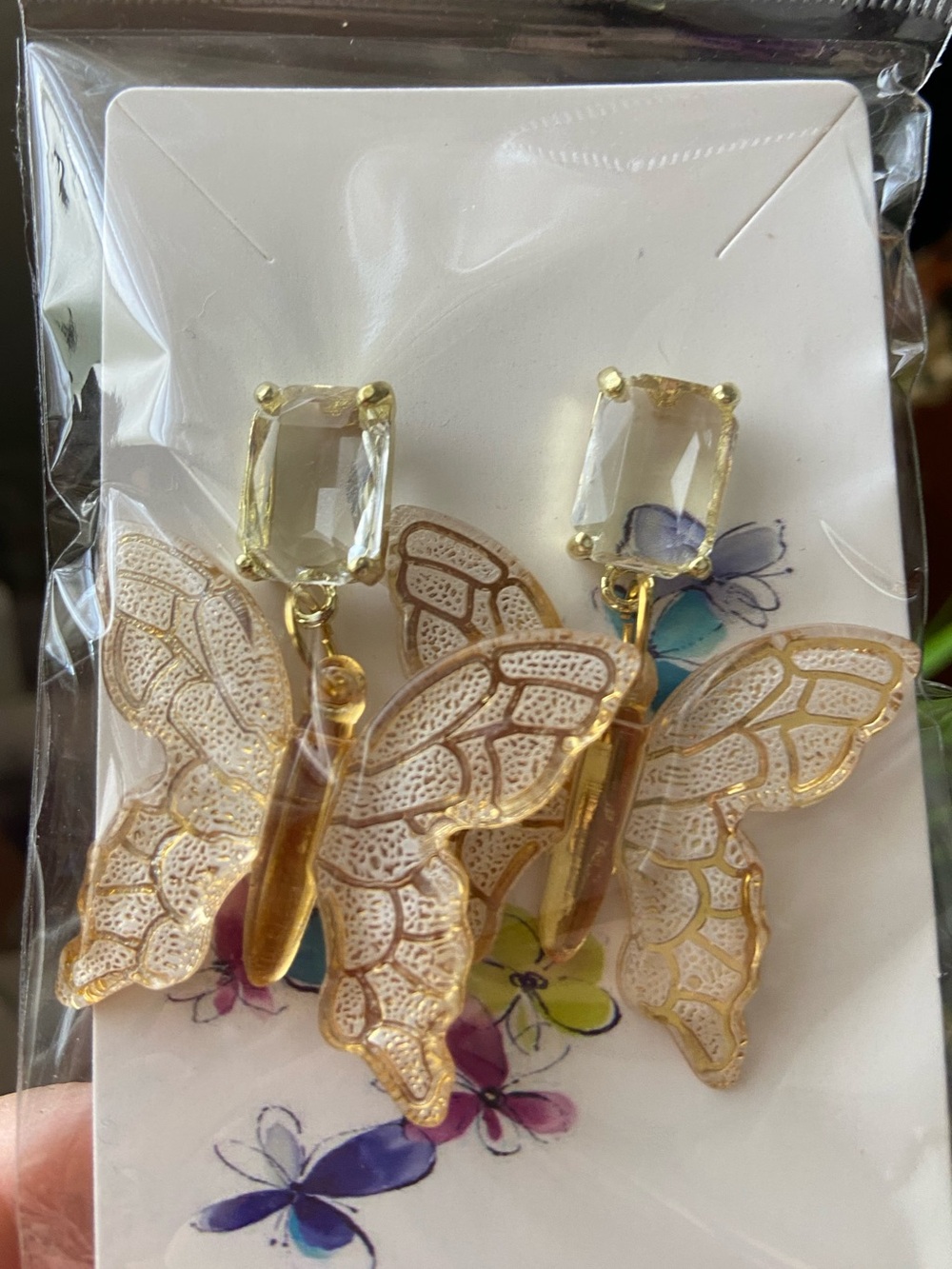 Gold Butterfly Drop Earrings with Clear Gem Accent - Women Jewelry